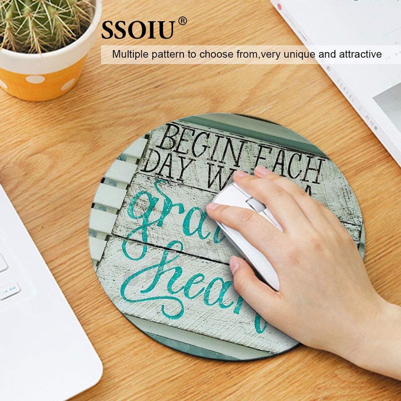 SSOIU Motivational and Inspirational Quote Mouse pad Custom, Begin Each Day with a Grateful Heart Wood Signs with Sayings,Vintage Wood Personalized Design Non-Slip Rubber Round Mousepad - Image 3